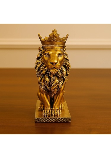 Taçlı Oturan Aslan Figürü Polyester 34x14