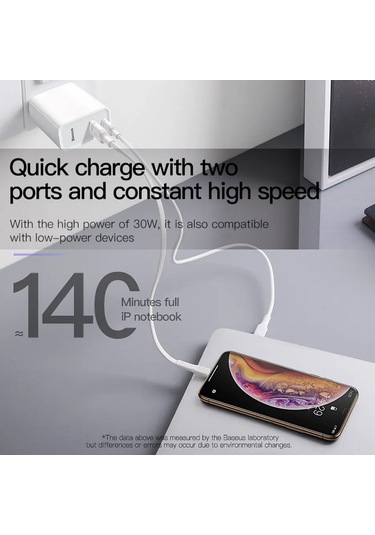 Xiyyadms Baseus 30w Hızlı Şarj Cihazı, Usb+type-c Çift Port, Pd3.0/qc3.0 Desteği, 100-240v, Katlanabilir Şarj Aleti, Siyah