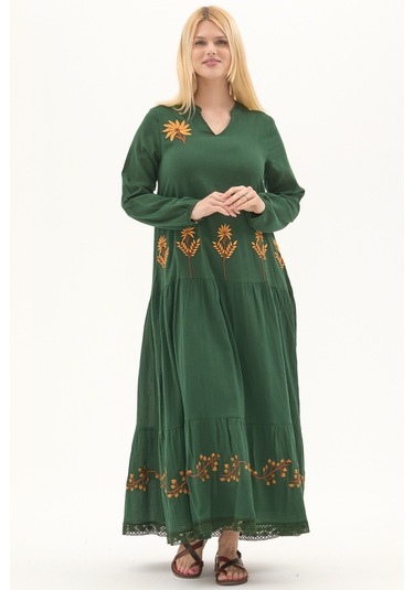 Şile Bezi Yeşil Uzun Kol Nakışlı Uzun Yazlık Elbise