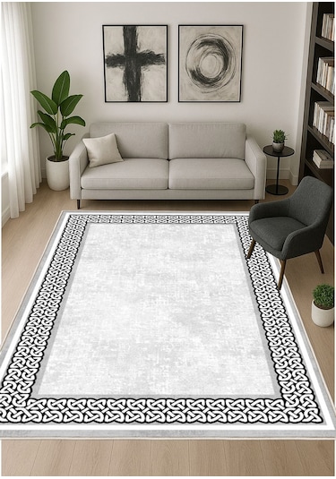 Gri Dijital Baskı Salon Halısı Kaymaz Tabanlı Yıkanabilir Halı Yolluk 531 Gri