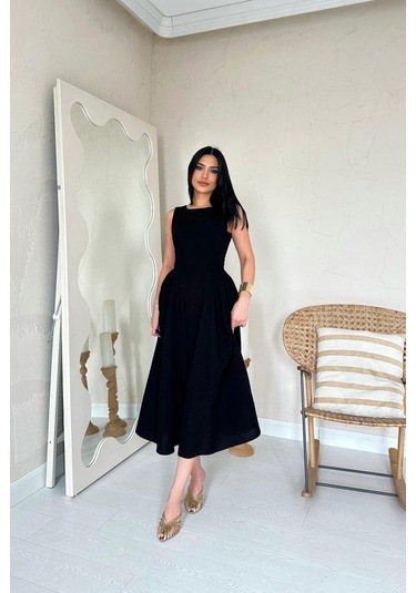 Siyah Yanları Büzgülü Midi Boy Keten Elbise Çok renkli