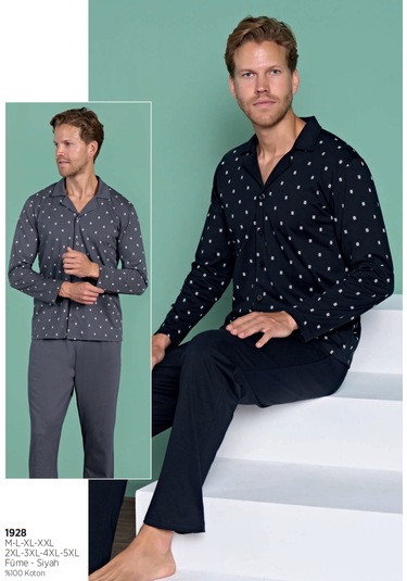 Pijadore 1928 Uzun Kol %100 Pamuk Erkek Pijama Takımı V1 Siyah