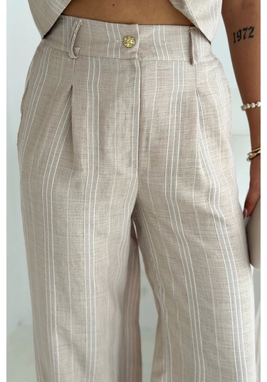Çizgili Kumaş Yelek Takım Krem Krem