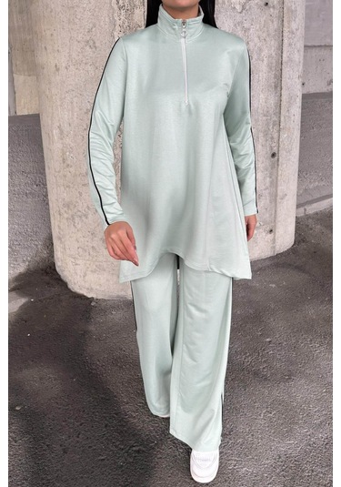 Mint Asimetrik Kesim, Fermuarlı Bluz & Bol Paça Pantolon - Viskon İki İplik Kumaş Alt & Üst Takım Mint