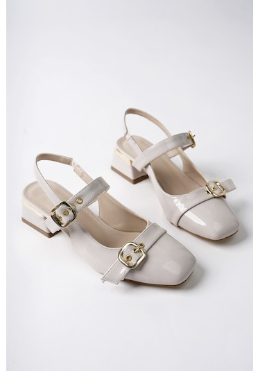 Muggo Yuqi Arkası Açık Küt Burun Çift Kemerli Kadın Günlük Klasik Kısa Topuklu Ayakkabı Ten Rugan