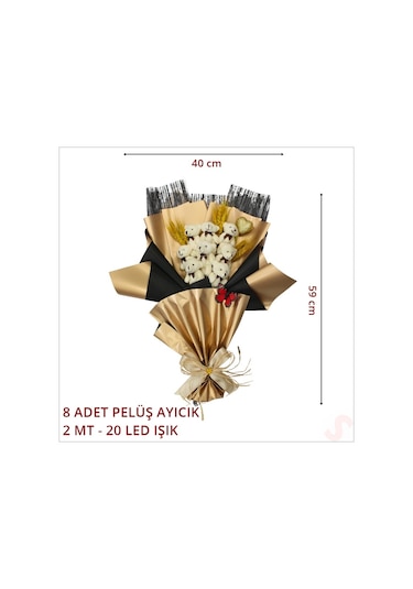 8 Pelüş Ayıcıklı, Kuru Çiçekli Ve Led Işıklı Buket, 59x40cm