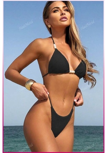 Kadın Siyah Askılı İncili Mayo Takımı Çok Renkli