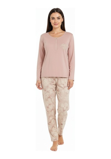 Üstü Yazılı Altı Çiçek Desenli Elite Viscose Uzun Pijama Takımı Pudra 3564 Pembe