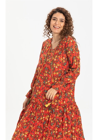 Uzun Kol Vual Gonca Uzun Elbise Tomurcuk Desen Turuncu 6168