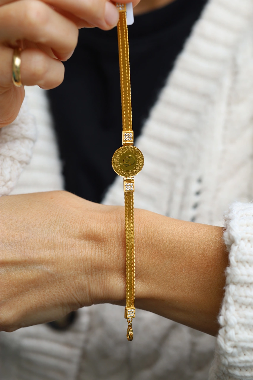 14 Ayar Altın Taş Ve Trabzon Hasır Detaylı 22 Ayar Çeyrekli Bileklik Blk34845