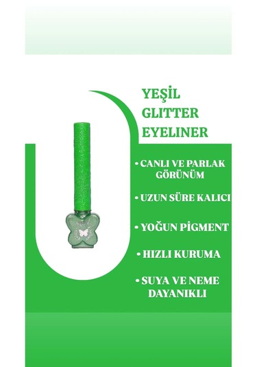 Mov Glitter Eyeliner Yeşil Parlak Göz Kalemi, Suya & Tere Dayanıklı Yeşil
