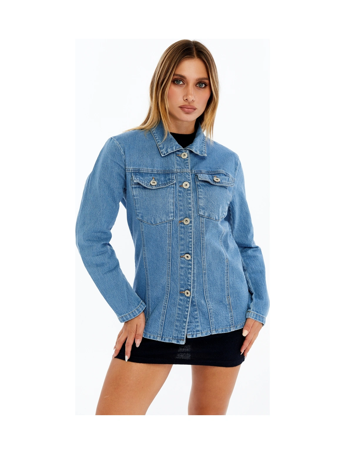 Kadın Denim Ceket Uzun Kollu Jean Ceket, Şık Ve Günlük Kombin Açık Mavi