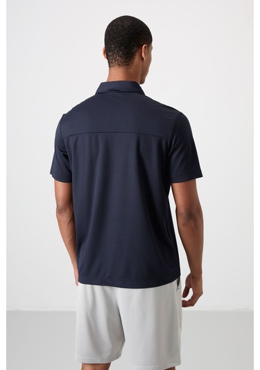 Lacivert Nefes Alan Dokulu İnce Esnek Standart Fit Polo Yaka Erkek Performans T-shirt - 88402 Lacivert