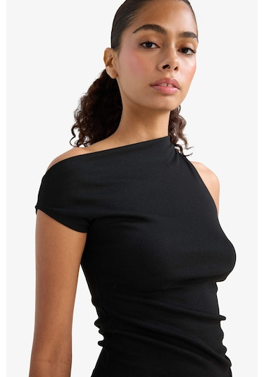 Defacto Slim Fit Dar Kesim Tek Omuzlu Ribana Siyah Bluz F2453ax25smbk81 Siyah