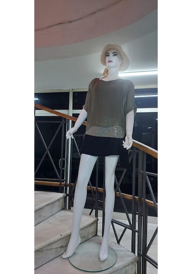 İtalyan Yarasa Kollu Payetli İpek Bluz-9248 Haki