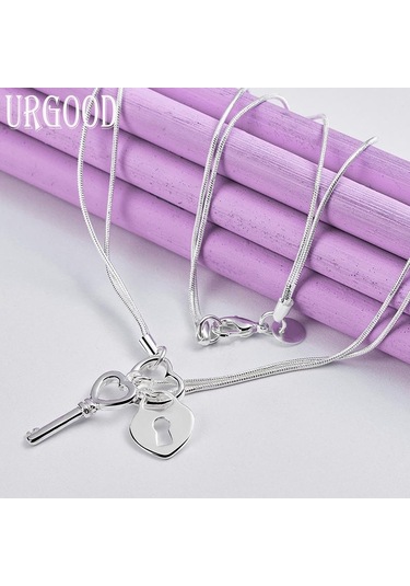 925 Ayar Gümüş Anahtar Kalp Kilit Kolye Yılan Zinciri Kadın Düğün Moda Charm Takı