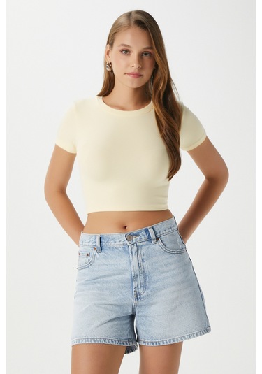 Kadın Deal Lux Touch Yumuşak Doku Crop Tereyağı Sarısı Bluz Tereyağı Sarısı