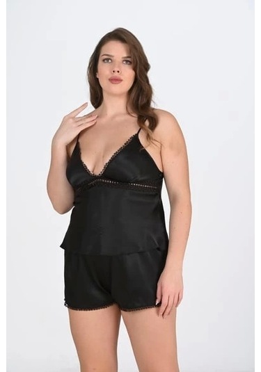 Primoda Siyah Büyük Beden Dantel Detaylı Şort Takımı Siyah