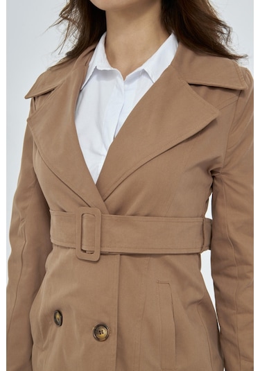 %100 Pamuk Ekstra Uzun 120cm Kruvaze Kadın Trençkot 1121 Koyu Bej