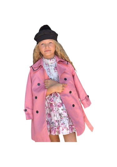 Riccotarz Kız Çocuk Üzeri Dantel İşlemeli Elbise Çift Cep Detaylı Kemerli Pembe Trençkot Pembe