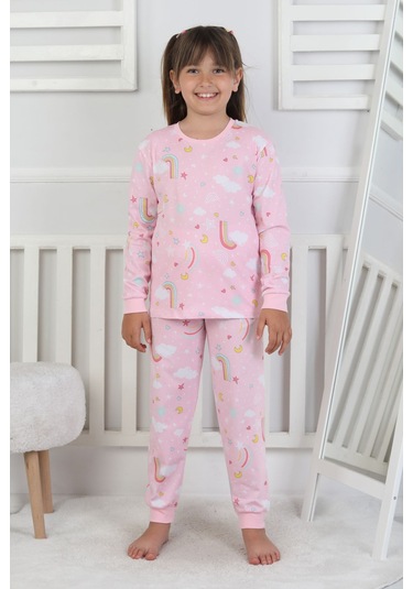 Cute Dreams Pattern Uzun Kollu Kız Çocuk Pijama Takımı Pembe
