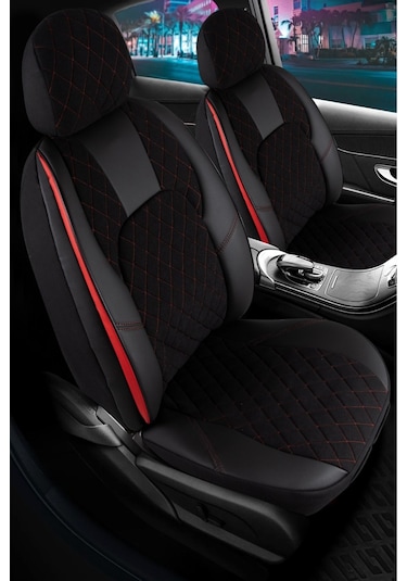 Toyota Avensis Lüx Yarı Deri Oto Koltuk Kılıfı Ön Arka Takım Chester Siyah Kırmızı