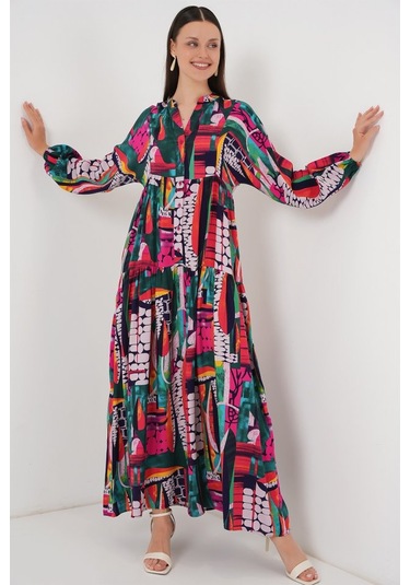 2423 Otantik Desenli Tesettür Elbise - Çok Renkli 2 Çok renkli