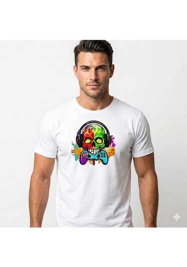 Erkek Kuru Kafa Oyun Konsolu Baskılı Pamuklu T-shirt Beyaz