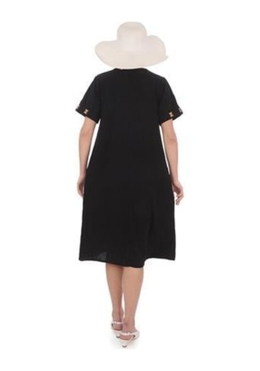 Yarım Kol Yuvarlak Yaka İşlemeli Keten Elbise-9166 Siyah