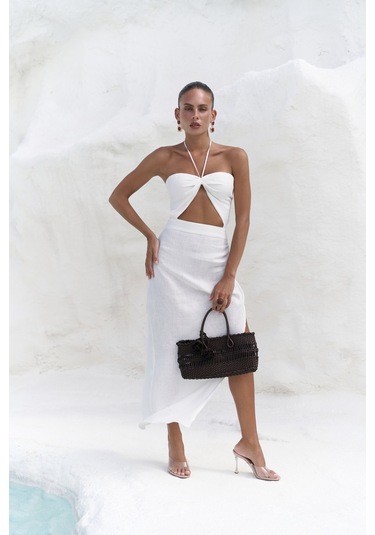 Abrossa Boyundan Bağcıklı Asimetrik Ekru Keten Elbise Ekru
