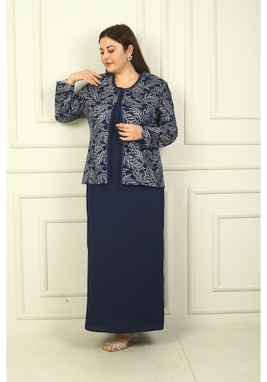 Yakası Boncuk Nakışlı Uzun Elbise Boncuk Pul Nakışlı Ceket Astarlı Büyük Beden 2'li Takım-38926 Lacivert