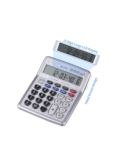 Singree 12 Haneli Büyük Ekranlı Hesap Makinesi - Çince Sesli, Müzik Çalma, Zaman/tarih Ayarı, Alarm, Çift Katlı Tuşlar Pil Yok Gümüş