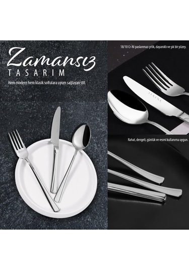 Serenk Paris Çelik Çatal Kaşık Bıçak Takımı 24 Parça Gümüş