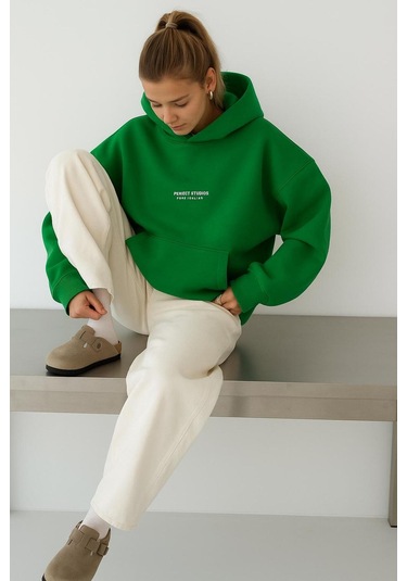 Benroma 3 İplik Penye Peteet Studıos Baskılı Unisex Kapüşonlu Sweat Yeşil