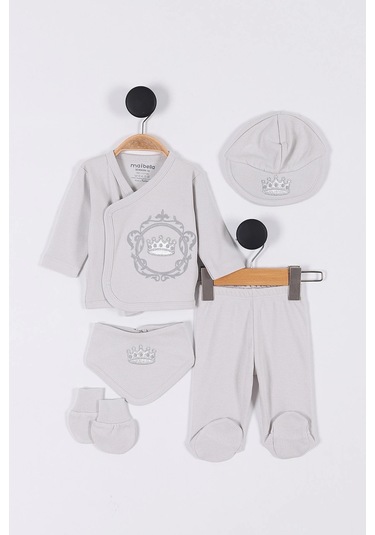 Nakış Desenli Müslin Erkek Bebek Hastane Çıkışı Bebek Kıyafetleri Yenidoğan Hastane Çıkış Seti 5 Li Gri