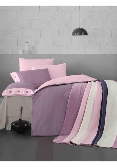 Akrilik Örgü Battaniye Seti Çift Kişilik Pudra Pembe Pudra