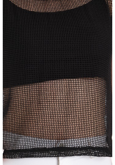 Japone Kol Kare File Bluz Siyah