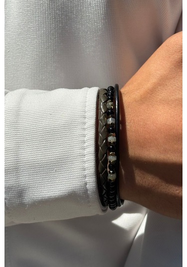 Doğal Taşlı Örgü Desen El İşçiliği İle Üretilmiş Hakiki Deri Erkek Bileklik Siyah