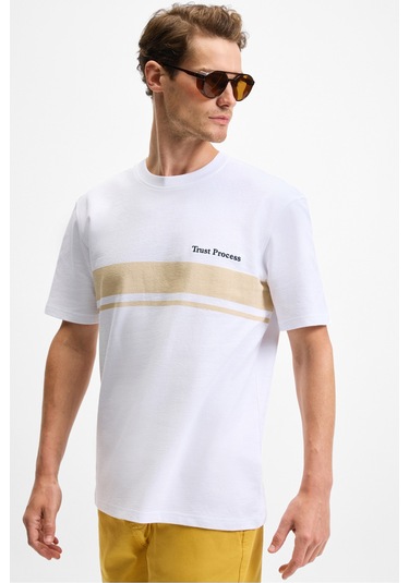 Lamıne Erkek Baskı Ve Nakış Detaylı %100 Organik Pamuk Bisiklet Yaka Regular Fit Beyaz T-shirt