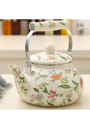 Emaye İndüksiyonlu Su Isıtıcısı 2,4 L Emaye Sürahi Vintage Çaydanlık, Seramik Sap, İndüksiyonlu Ocak, Gaz, Odun Sobası Diğer