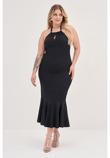 Boyundan Bağlamalı Vücuda Oturan Elbise-1779-siyah Siyah