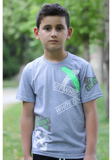 Off White Baskılı %100 Pamuk Gri Erkek Çocuk T-shirt 9-16 Yaş Gri