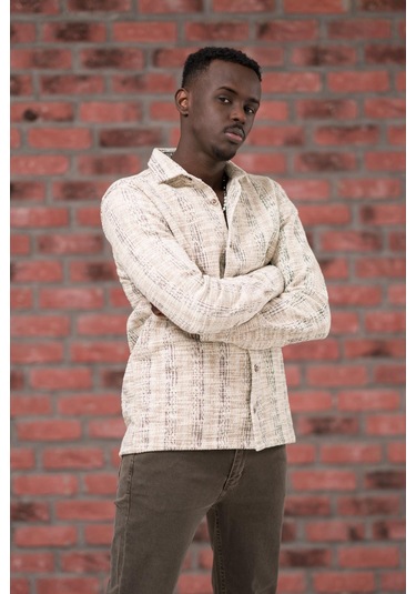 Brenzo Yarı Oversize Hafif Bol Kalın Çizgili Oduncu Gömlek Kahverengi