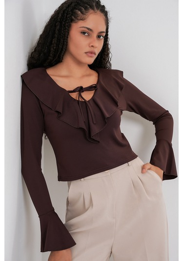 Kadın Uzun Kol Crop Bluz 979 - Kahverengi Kahverengi