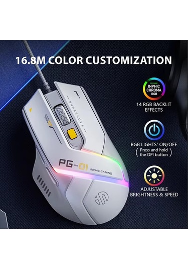 Inphic Pg1 Rgb Işık Yayan Bilgisayar Oyun Kablolu Faresi Beyaz Diğer