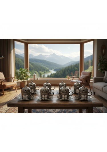 Yonca Desenli 6 Kişilik Porselenli Kapaklı 24 Parça Kalay Renk Fincan Seti Gri