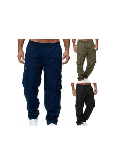 Ayw Erkek Pantolon Çok Cepli Düz Orta Bel Kargo Pantolon Günlük Giyim İçin Haki
