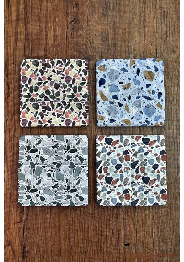 Doğal Taş Bardak Altlığı - Mozaik Desenler Baskılı 10x10cm Stone Coasters Çok Renkli