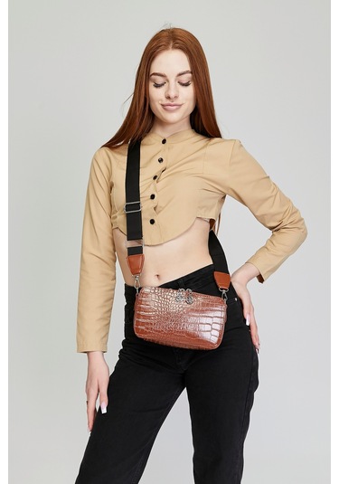 Morpelikan Taba Kroko İki Bölmeli Kadın Omuz Çantası Taba