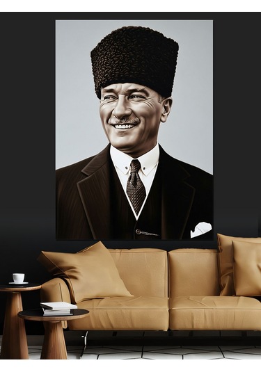 Atatürk Gülümseyen Siyah Beyaz Dekoratif Kanvas - Mdf Ahşap Tablo